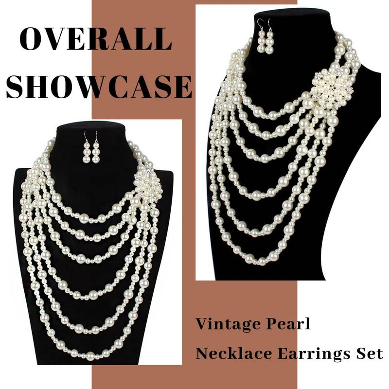 Gangel Pearl Necklace Earring Set Faux Layered Pearls Necklaces Bridal Wedding Jewelry Multi Strand Pearl Necklace for Women - Image 3