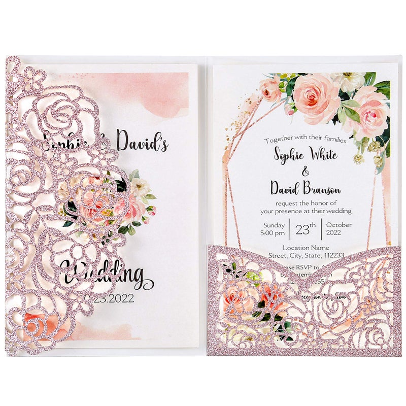 DreamBuilt 47 x7 inch 50PCS Blank Rose Gold Glitter Wedding Invitations Kit Laser Cut Hollow Rose Pocket Wedding Invitation Cards with Envelopes for Wedding Bridal Shower Engagement Invite