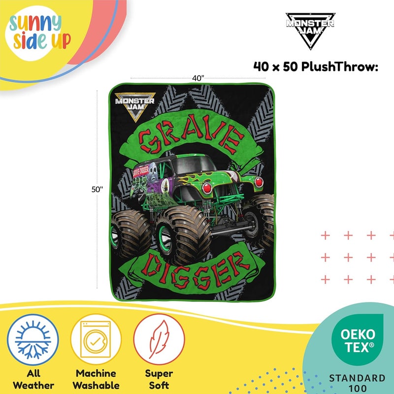 Sunny Side Up Monster Jam Plush Travel Throw Blanket - Measures 40 x 50 Inches - Super Soft & Cozy Travel Accessories Features Grave Digger - Image 2