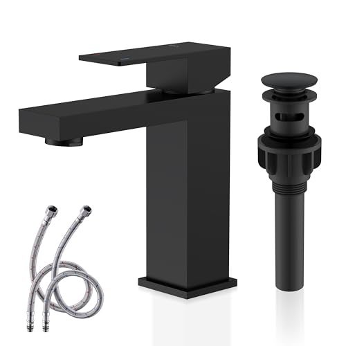 KENES Matte Black Single Handle Bathroom Sink Faucet, Stainless Steel Vanity Faucet for Bathroom Sink, with Pop Up Drain Stopper & Water Supply Hoses LJ-9031-2 - Image 1