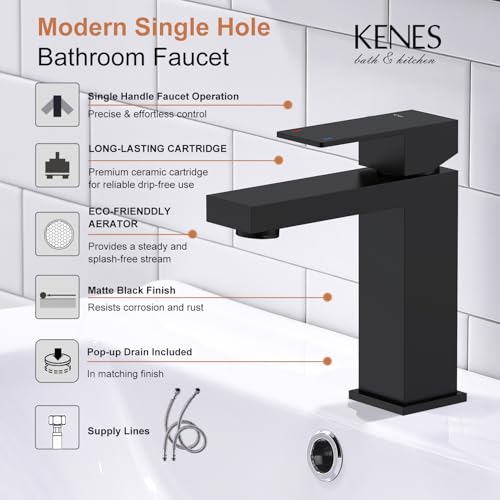 KENES Matte Black Single Handle Bathroom Sink Faucet, Stainless Steel Vanity Faucet for Bathroom Sink, with Pop Up Drain Stopper & Water Supply Hoses LJ-9031-2 - Image 3