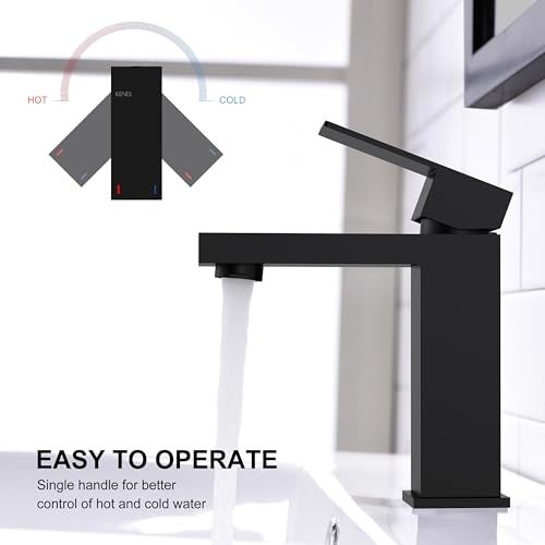 KENES Matte Black Single Handle Bathroom Sink Faucet, Stainless Steel Vanity Faucet for Bathroom Sink, with Pop Up Drain Stopper & Water Supply Hoses LJ-9031-2 - Image 4