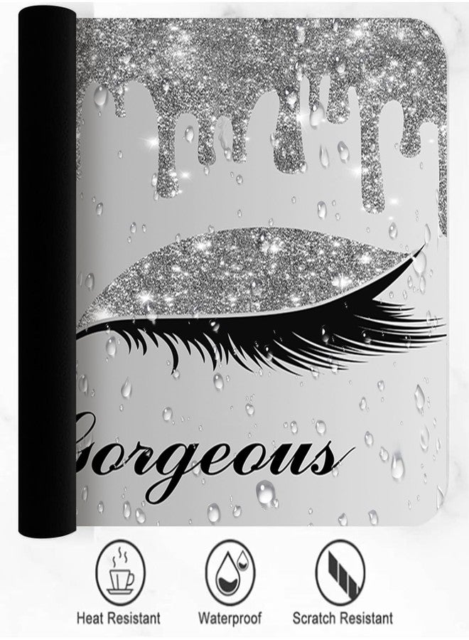LshyMn لوحة ماوس كبيرة من LshyMn Hello Gorgeous، مقاس 31.5 × 11.8 × 0.12 بوصة، لون أبيض فضي لامع، مزينة بنجوم وقطرات ماء ونمط رموش، مناسبة للألعاب، مثالية للاستخدام على مكتب الاستوديو أو مكتب الكمبيوتر، رقم الموديل BDLSMN124 - Image 5