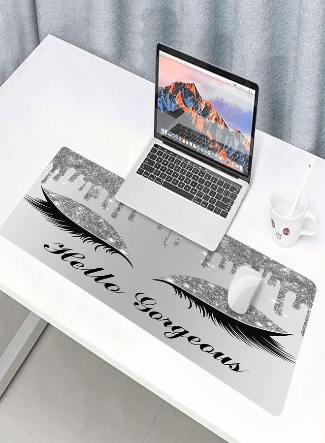 LshyMn لوحة ماوس كبيرة من LshyMn Hello Gorgeous، مقاس 31.5 × 11.8 × 0.12 بوصة، لون أبيض فضي لامع، مزينة بنجوم وقطرات ماء ونمط رموش، مناسبة للألعاب، مثالية للاستخدام على مكتب الاستوديو أو مكتب الكمبيوتر، رقم الموديل BDLSMN124 - Image 3