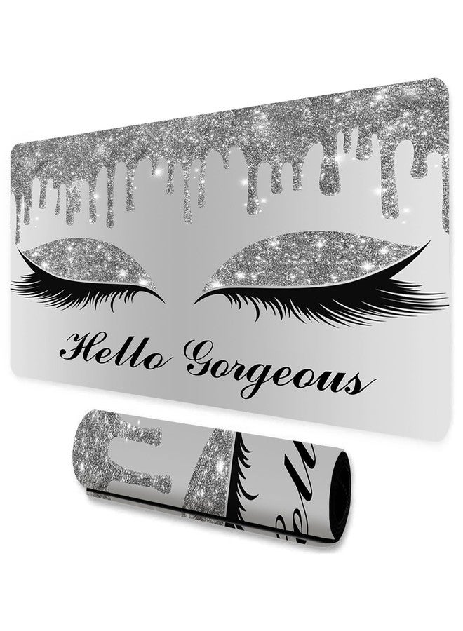 LshyMn لوحة ماوس كبيرة من LshyMn Hello Gorgeous، مقاس 31.5 × 11.8 × 0.12 بوصة، لون أبيض فضي لامع، مزينة بنجوم وقطرات ماء ونمط رموش، مناسبة للألعاب، مثالية للاستخدام على مكتب الاستوديو أو مكتب الكمبيوتر، رقم الموديل BDLSMN124 - Image 1