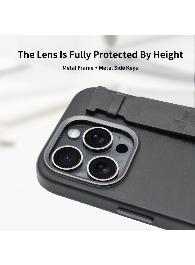 ALot Noble leather case for iPhone 15 Pro Black Leather case with hand grip metal camera frame microfiber lining magnetic closure and premium PU finish for refined protection - Image 3