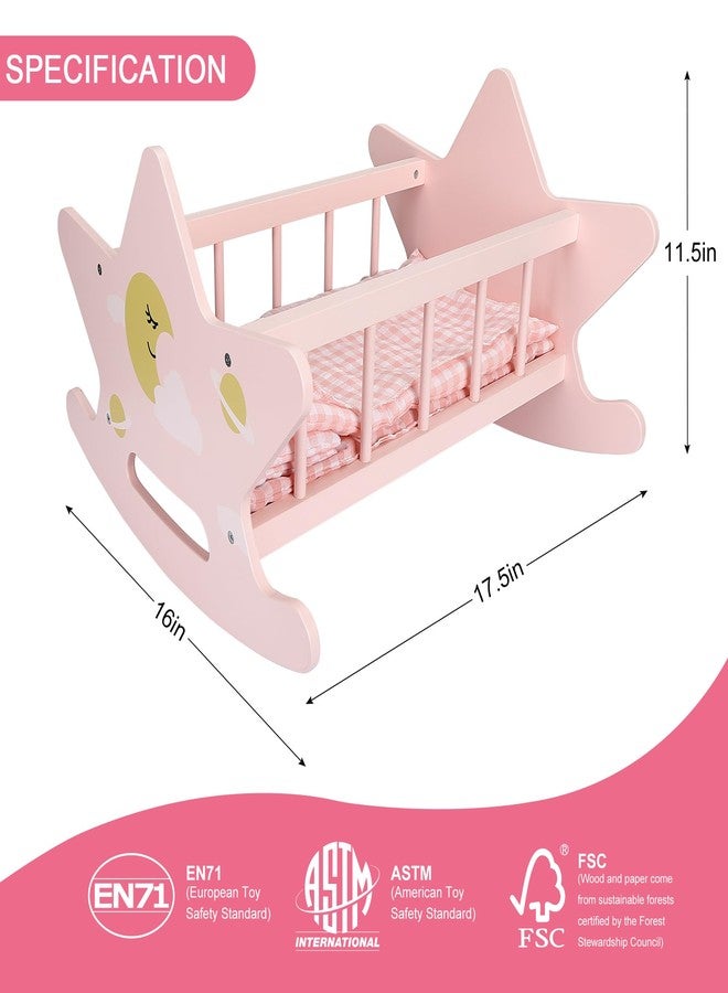 Offelec Wooden Baby Doll Crib Set, Pink Baby Doll Bed Toys, Rocking Baby Doll Cradle Accessories, Play Cradle for Dolls, Doll Furniture Accessories,Gift for Boys Girls Kids, Ages 3+ - Image 2