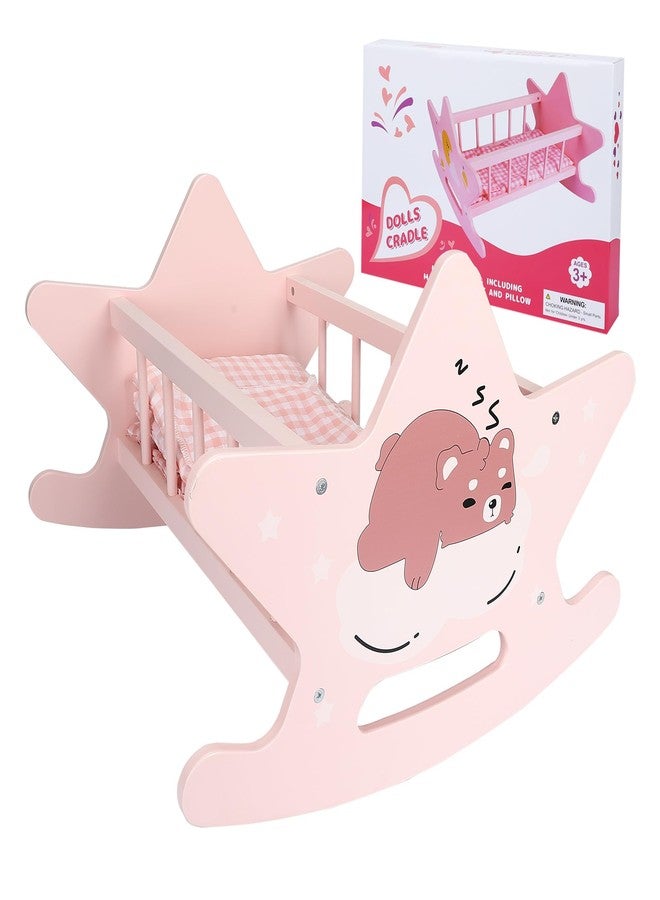 Offelec Wooden Baby Doll Crib Set, Pink Baby Doll Bed Toys, Rocking Baby Doll Cradle Accessories, Play Cradle for Dolls, Doll Furniture Accessories,Gift for Boys Girls Kids, Ages 3+ - Image 1