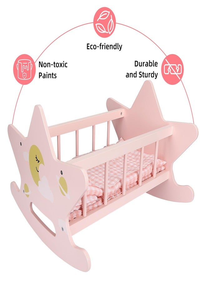 Offelec Wooden Baby Doll Crib Set, Pink Baby Doll Bed Toys, Rocking Baby Doll Cradle Accessories, Play Cradle for Dolls, Doll Furniture Accessories,Gift for Boys Girls Kids, Ages 3+ - Image 4
