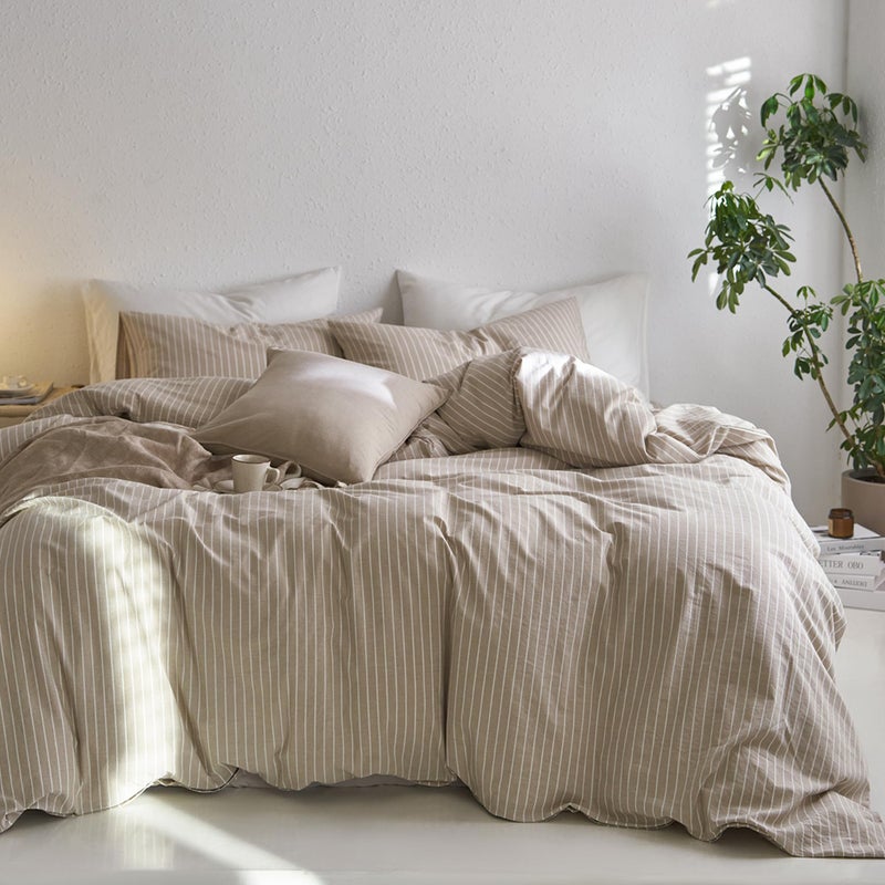 MooMee Striped Duvet Cover Set 100% Washed Cotton Linen Like Textured Breathable Durable Soft Comfy (Tannish Linen Grey White Wide Stripes, Queen 90"x90") - Image 1