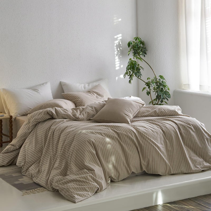 MooMee Striped Duvet Cover Set 100% Washed Cotton Linen Like Textured Breathable Durable Soft Comfy (Tannish Linen Grey White Wide Stripes, Queen 90"x90") - Image 3