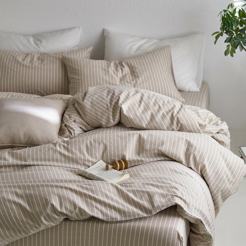 MooMee Striped Duvet Cover Set 100% Washed Cotton Linen Like Textured Breathable Durable Soft Comfy (Tannish Linen Grey White Wide Stripes, Queen 90"x90") - Image 5