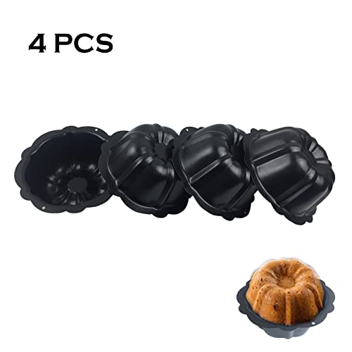 LoveDeal 4 Inch Nonstick Mini Bundt Cake Pan, Set of 4 for Baking, Carbon Steel Fluted Cake Pans, Metal Round Pumpkin Shaped Cake Mould for Cupcake, Muffin, Brownie, Pudding - Black - Image 2