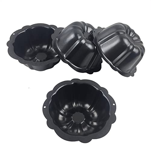 LoveDeal 4 Inch Nonstick Mini Bundt Cake Pan, Set of 4 for Baking, Carbon Steel Fluted Cake Pans, Metal Round Pumpkin Shaped Cake Mould for Cupcake, Muffin, Brownie, Pudding - Black - Image 1
