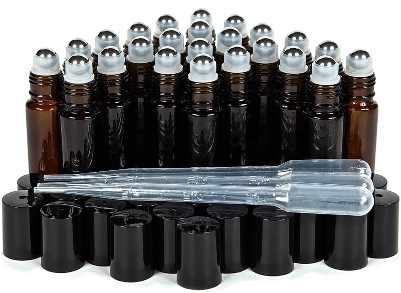 Vivaplex, 24, Amber, 10 ml Glass Roll-on Bottles with Stainless Steel Roller Balls. 3-3 ml Droppers included - Image 1