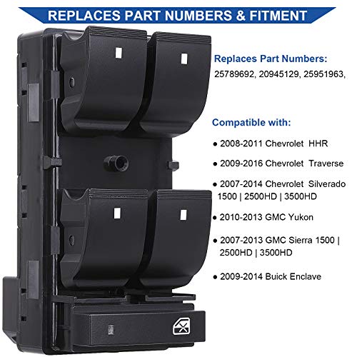 Obaee Driver Side Power Master Window Switch, Compatible with Chevy Silverado/Chevrolet Traverse/HHR/2007-2013 GMC Sierra/Yukon/Buick Enclave Replace OE 20945129 25789692 - Image 2