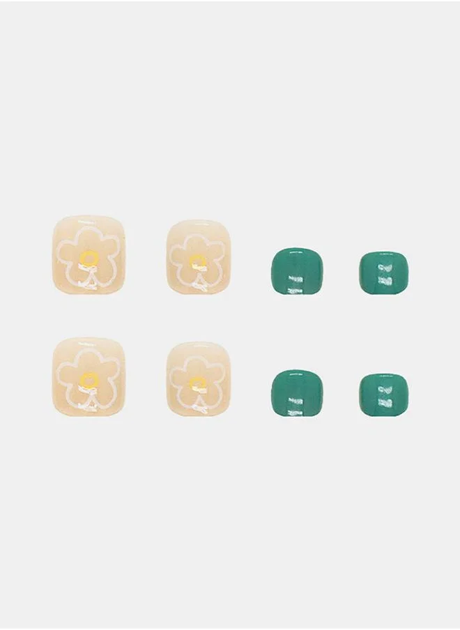 Styli 24 Pcs Floral Print and Solid Green Squoval Shape Press-On Nails
