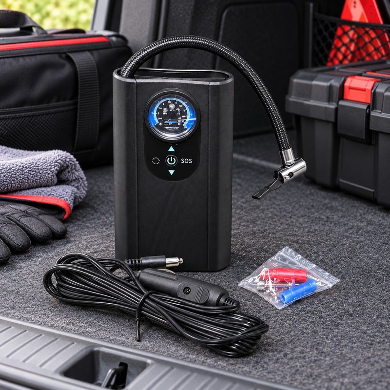 Electric Car Air Pump with Pressure Gauge Hose and Cigarette Lighter Plug Black - 21-8 - Image 3