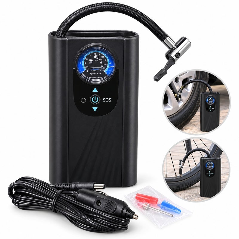 Electric Car Air Pump with Pressure Gauge Hose and Cigarette Lighter Plug Black - 21-8 - Image 1