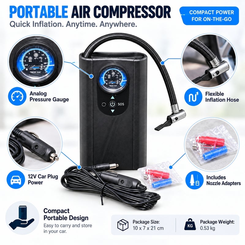 Electric Car Air Pump with Pressure Gauge Hose and Cigarette Lighter Plug Black - 21-8 - Image 2