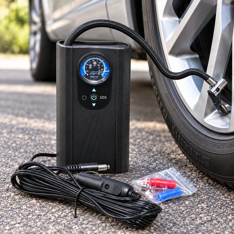 Electric Car Air Pump with Pressure Gauge Hose and Cigarette Lighter Plug Black - 21-8 - Image 5