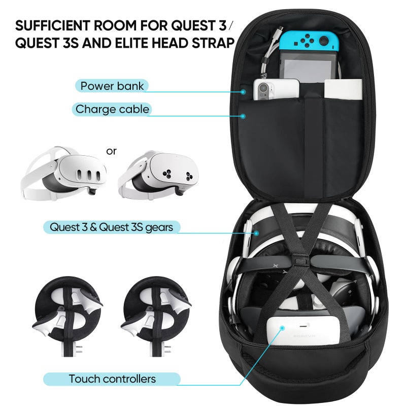 SARLAR Travel Carrying Case for Oculus Meta Quest 3S/Quest 3/Quest 2 VR Headset and Controller Accessories, Large Space Hard Case Fits BOBOVR/Kiwi Design Battery Head Strap, Crossbody Sling Bag - Image 3