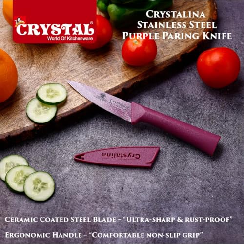 Crystal Crystalina Ceramic Coated Stainless Steel Paring Knife | with Blade Protective Cover | Brown/Purple - Image 3