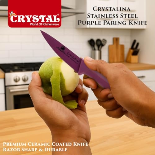 Crystal Crystalina Ceramic Coated Stainless Steel Paring Knife | with Blade Protective Cover | Brown/Purple - Image 2