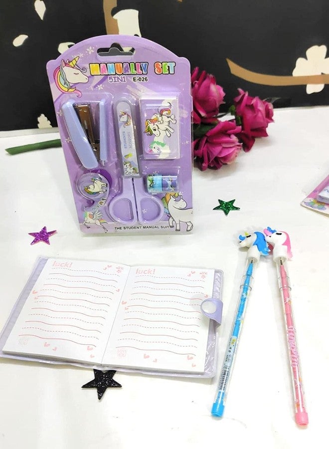 CLICKETY CLACK Useful Essential Unicorn Combo Pocket Diary with Pen, Pencils Scissor, Stapler, Staple pins, Tape Dispenser, Tapes/School Office Supply for Kids & Adults (Purple) - Image 2