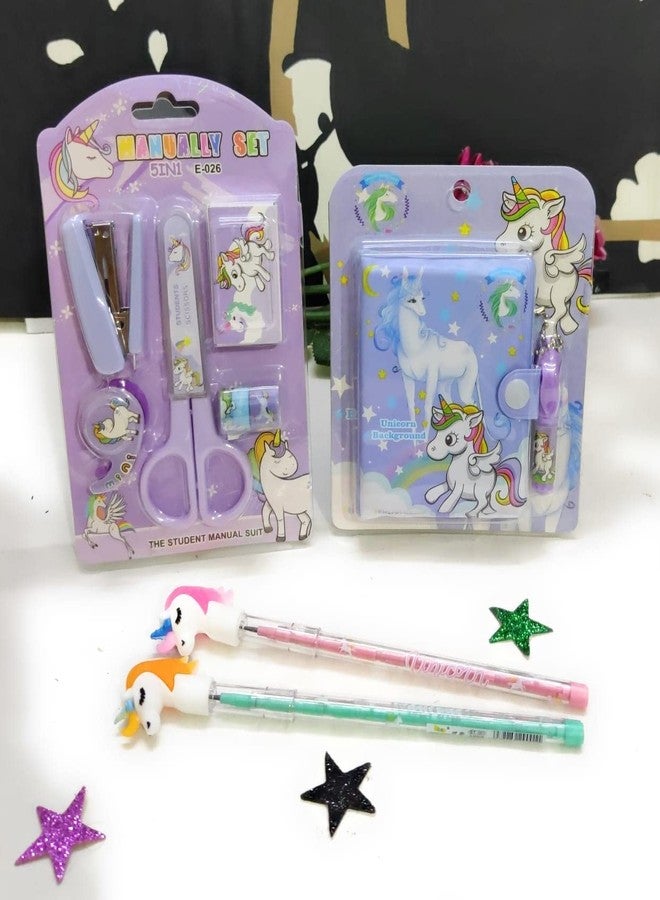 CLICKETY CLACK Useful Essential Unicorn Combo Pocket Diary with Pen, Pencils Scissor, Stapler, Staple pins, Tape Dispenser, Tapes/School Office Supply for Kids & Adults (Purple) - Image 1