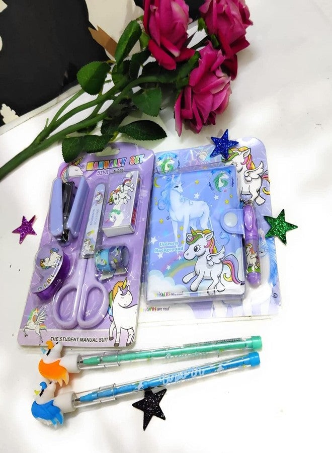 CLICKETY CLACK Useful Essential Unicorn Combo Pocket Diary with Pen, Pencils Scissor, Stapler, Staple pins, Tape Dispenser, Tapes/School Office Supply for Kids & Adults (Purple) - Image 3