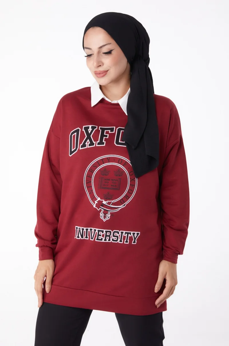 Tofisa Plain Crew Neck Women's Burgundy Printed Sweatshirt - 13281