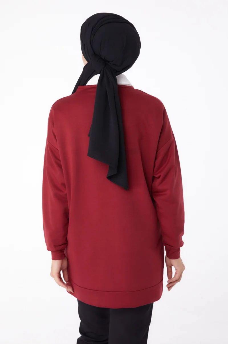 Tofisa Plain Crew Neck Women's Burgundy Printed Sweatshirt - 13281