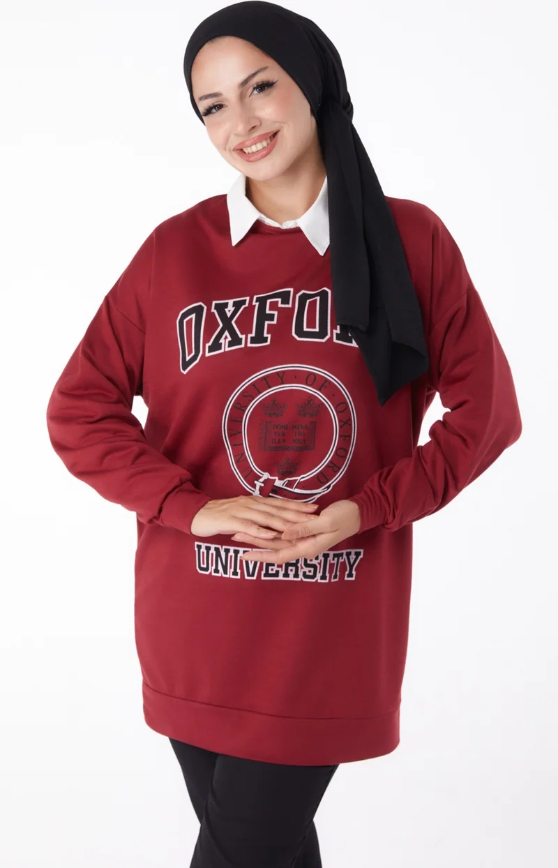 Tofisa Plain Crew Neck Women's Burgundy Printed Sweatshirt - 13281