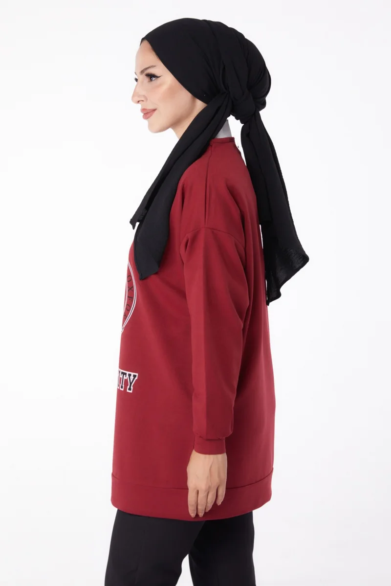 Tofisa Plain Crew Neck Women's Burgundy Printed Sweatshirt - 13281