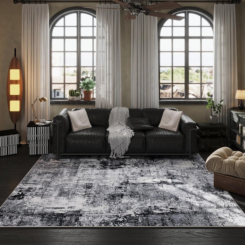 Rugcomf 9x12 Washable Boho Rug - Soft, Non-Slip, Non-Shedding Faux Wool Vintage Rug for Living Room, Dining Room, Kids Playroom, Indoor - Grey and Black - Image 2
