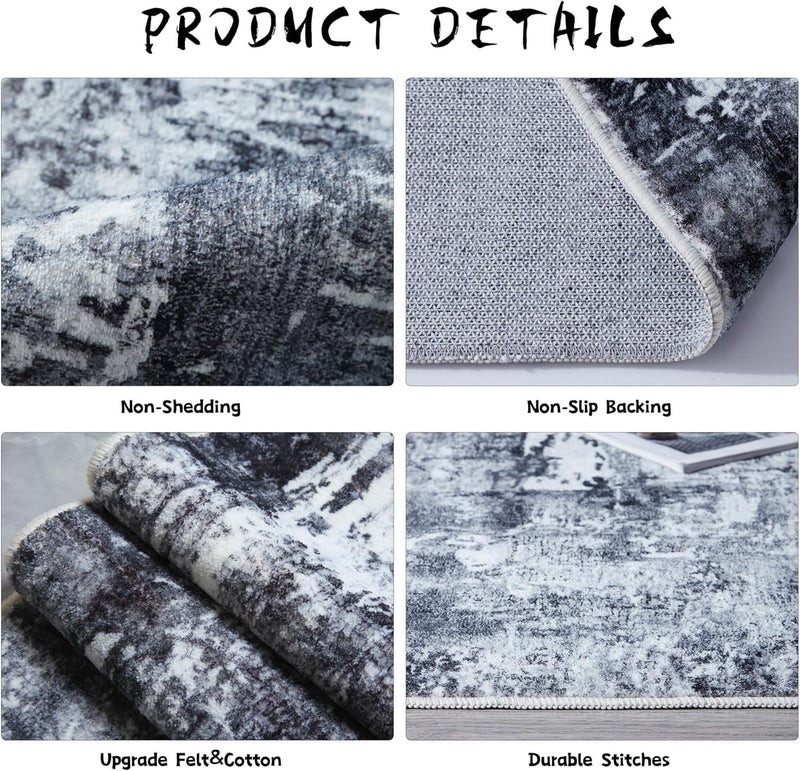 Rugcomf 9x12 Washable Boho Rug - Soft, Non-Slip, Non-Shedding Faux Wool Vintage Rug for Living Room, Dining Room, Kids Playroom, Indoor - Grey and Black - Image 5