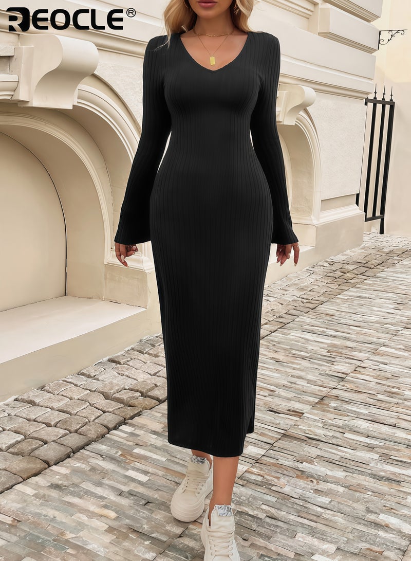 ريوكل فستان نسائي ضيق بتصميم بياقة على شكل حرف V وأكمام طويلة، فستان طويل يحاكي الجسم مع ميزة خصر قابلة للتعديل لارتداء أنيق وعصري - Image 2