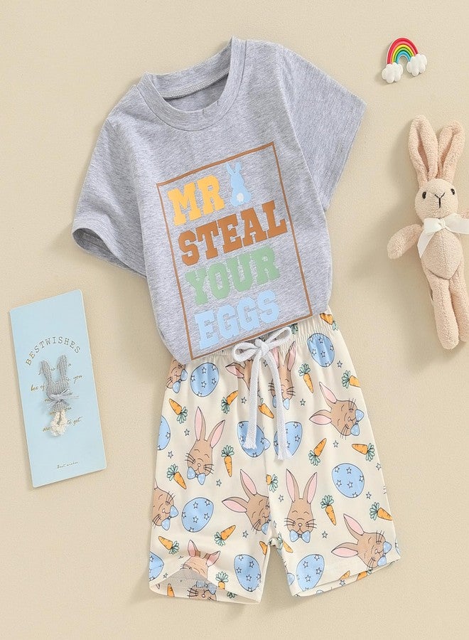 Okbabeha Toddler Baby Boy Easter Outfit Mr Steal Your Eggs Crewneck Shirt Bunny Shorts 2Pcs Boys Clothes 6M 12M 18M 2T 3T 4T (Mr steal your eggs-Gray, 6-12 Months) - Image 2