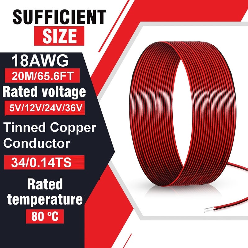 سلك نحاسي معلب من نوع 22 AWG مع عازل PVC، كابل تمديد كهربائي ثنائي الأطراف باللونين الأحمر والأسود، جهد 12 فولت و24 فولت تيار مستمر، سلك LED مناسب لأشرطة LED أحادية اللون، مقاس 787.4 بوصة. - Image 3