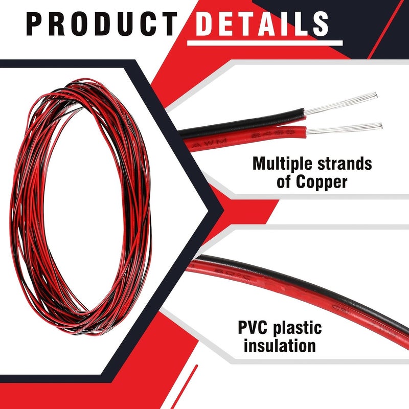 سلك نحاسي معلب من نوع 22 AWG مع عازل PVC، كابل تمديد كهربائي ثنائي الأطراف باللونين الأحمر والأسود، جهد 12 فولت و24 فولت تيار مستمر، سلك LED مناسب لأشرطة LED أحادية اللون، مقاس 787.4 بوصة. - Image 4