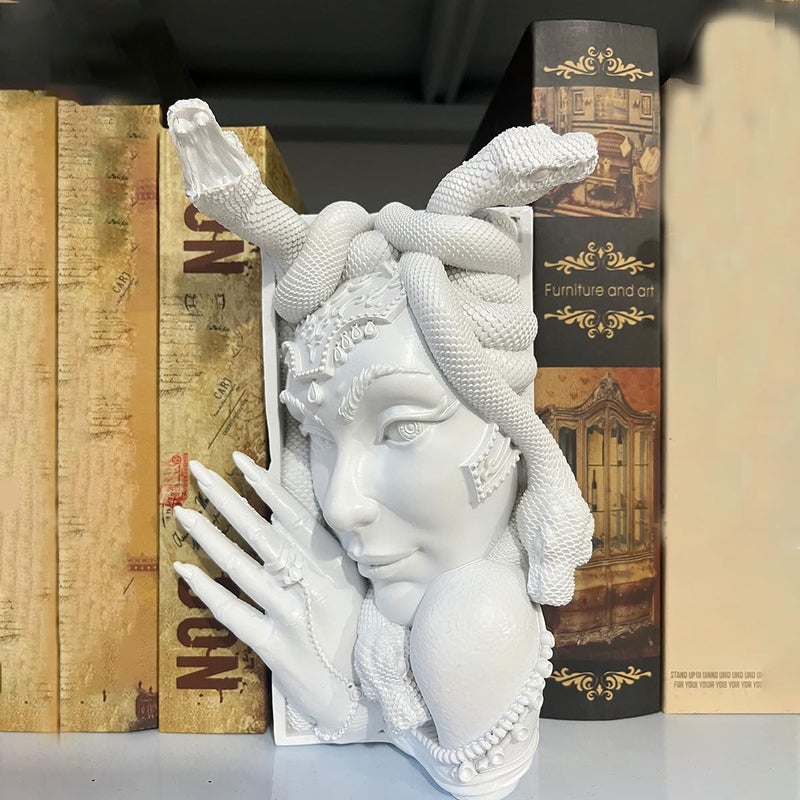 Medusa Head Book Nook Unique Snake Women Face Decorative Bookends Heavy Duty Book Stopper for Home Office Desk Vintage Shelf Decor White