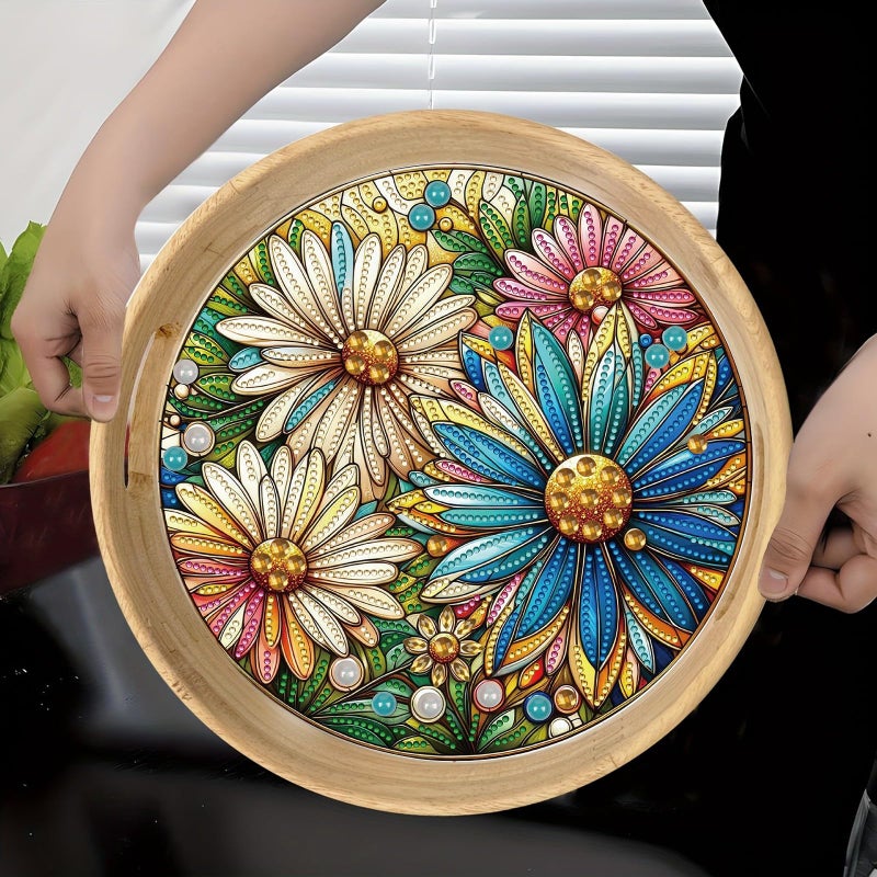 ARTopet DIY Diamond Tray Round Diamond Art Painting Creative Design Handmade Wooden Tray Dinner Plate Diamond Art for Coffee Living Room Home Organizer Diameter 25.5cm-Daisy - Image 2