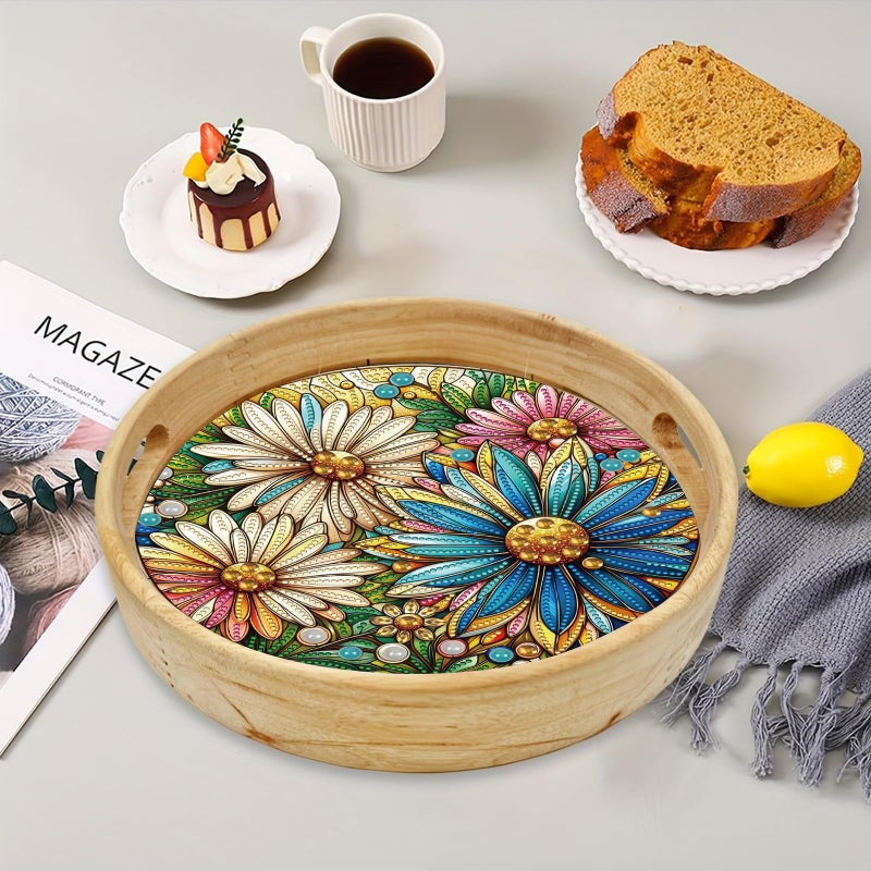 ARTopet DIY Diamond Tray Round Diamond Art Painting Creative Design Handmade Wooden Tray Dinner Plate Diamond Art for Coffee Living Room Home Organizer Diameter 25.5cm-Daisy - Image 4