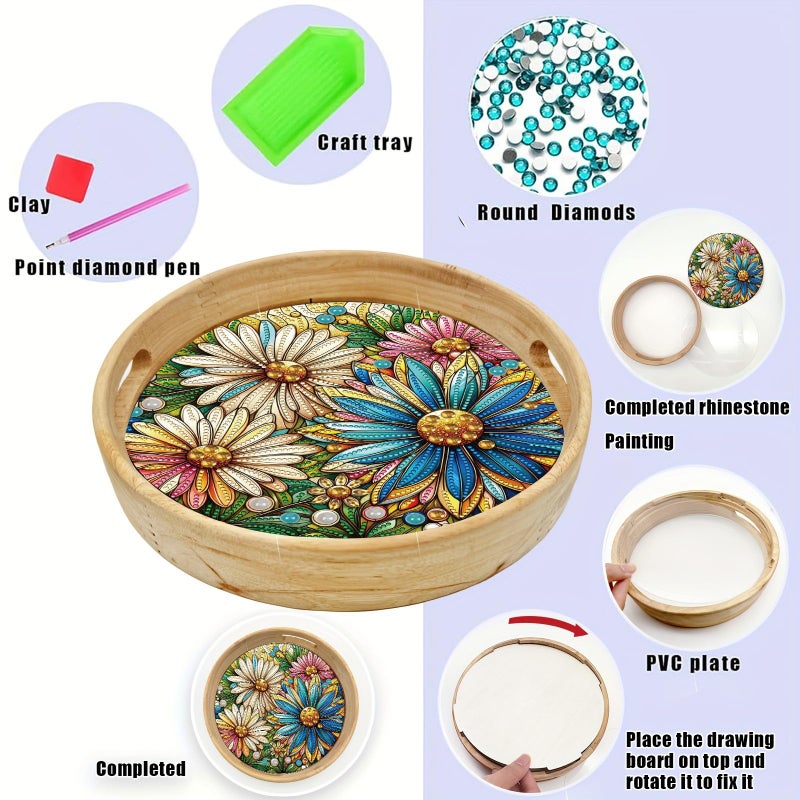 ARTopet DIY Diamond Tray Round Diamond Art Painting Creative Design Handmade Wooden Tray Dinner Plate Diamond Art for Coffee Living Room Home Organizer Diameter 25.5cm-Daisy - Image 3