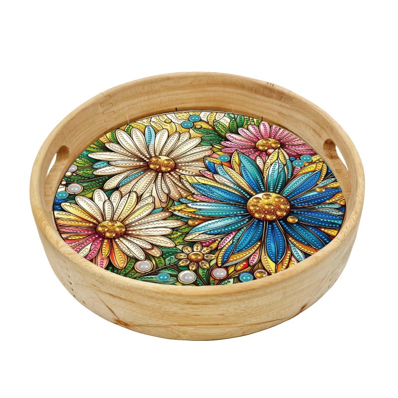 ARTopet DIY Diamond Tray Round Diamond Art Painting Creative Design Handmade Wooden Tray Dinner Plate Diamond Art for Coffee Living Room Home Organizer Diameter 25.5cm-Daisy - Image 1