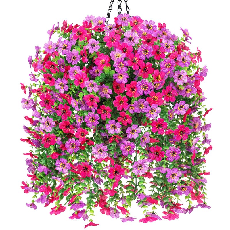 HyeFlora Artificial Hanging Flowers Basket for Outdoor, Fake Flowers Faux Plants Look Real for Yard Gardens Porch Patio Home (Purple+Hotpink) - Image 1