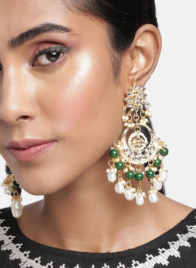 Aheli Kundan Pearl Floral Green Chandbali Earrings Indian Traditional Bollywood Jewelry Gift for Women - Image 2