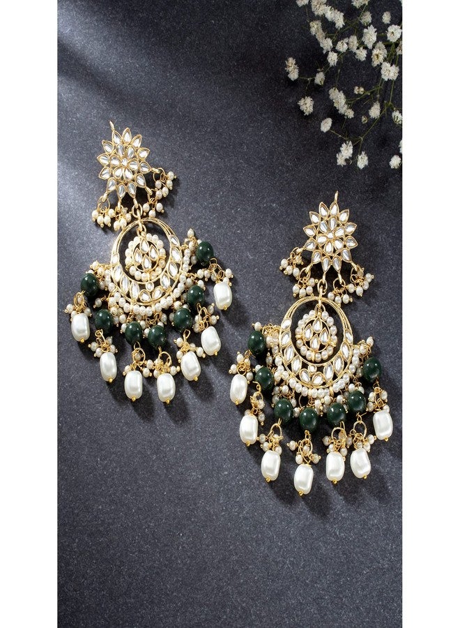 Aheli Kundan Pearl Floral Green Chandbali Earrings Indian Traditional Bollywood Jewelry Gift for Women - Image 3