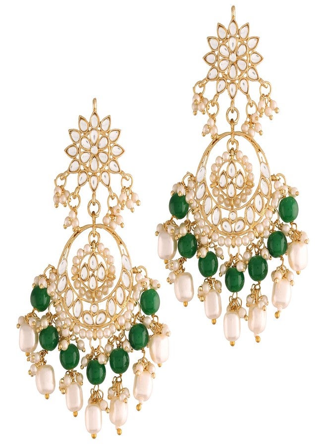 Aheli Kundan Pearl Floral Green Chandbali Earrings Indian Traditional Bollywood Jewelry Gift for Women - Image 1